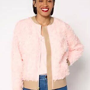 Mally Roncal Rosebud Textured Pink Bomber Jacket with Tan Trim